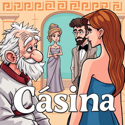 A vibrant and whimsical cartoon-style poster for a Greek-Latin comedy titled 'Cásina'