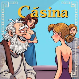 A vibrant and whimsical cartoon-style poster for a Greek-Latin comedy titled 'Cásina'