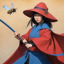 A Ronin woman in a red cloak and Japanese hat, wielding a radiant blue katana, accompanied by a slightly large bee as her battle partner, all in the distinctive style of Naruto anime.