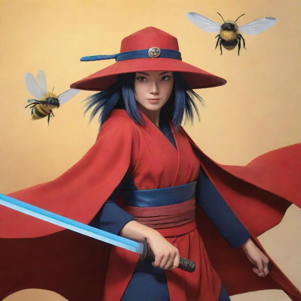 A Ronin woman in a red cloak and Japanese hat, wielding a radiant blue katana, accompanied by a slightly large bee as her battle partner, all in the distinctive style of Naruto anime.