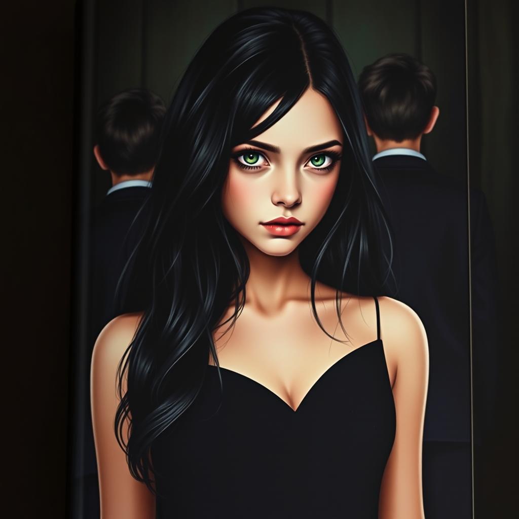 A captivating book cover featuring a girl with long black hair and striking green eyes, her fair skin glowing softly