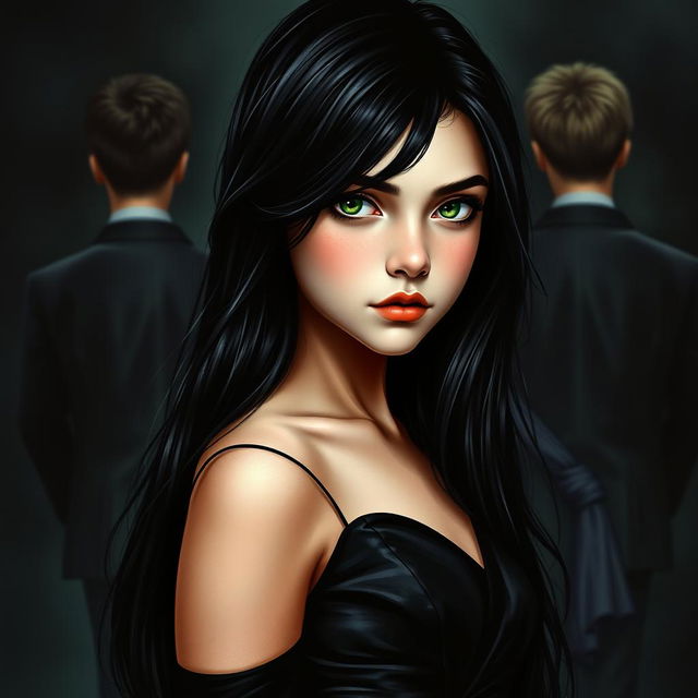 A captivating book cover featuring a girl with long black hair and striking green eyes, her fair skin glowing softly