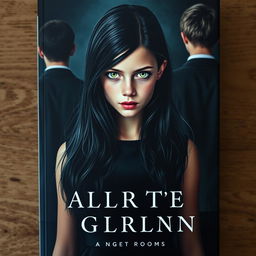 A captivating book cover featuring a girl with long black hair and striking green eyes, her fair skin glowing softly