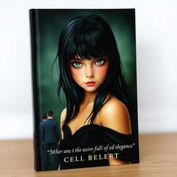 A captivating book cover featuring a girl with long black hair and striking green eyes, her fair skin glowing softly