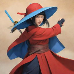 A Ronin woman in a red cloak and Japanese hat, wielding a radiant blue katana, accompanied by a slightly large bee as her battle partner, all in the distinctive style of Naruto anime.