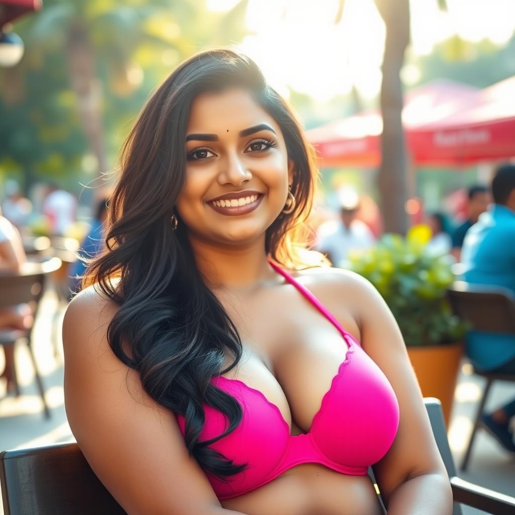 An attractive Indian woman sitting confidently in a public place, wearing a hot pink bra that beautifully emphasizes her curvy figure and large bosom