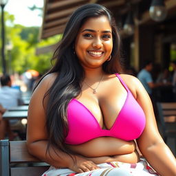 An attractive Indian woman sitting confidently in a public place, wearing a hot pink bra that beautifully emphasizes her curvy figure and large bosom