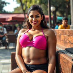 An attractive Indian woman sitting confidently in a public place, wearing a hot pink bra that beautifully emphasizes her curvy figure and large bosom