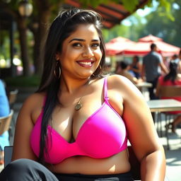 An attractive Indian woman sitting confidently in a public place, wearing a hot pink bra that beautifully emphasizes her curvy figure and large bosom