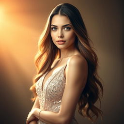 A stunning portrait of a young woman who embodies grace and confidence, with long flowing hair cascading down her shoulders, dressed in an elegant, shimmering gown that catches the light beautifully