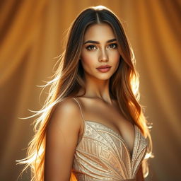 A stunning portrait of a young woman who embodies grace and confidence, with long flowing hair cascading down her shoulders, dressed in an elegant, shimmering gown that catches the light beautifully