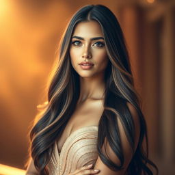 A stunning portrait of a young woman who embodies grace and confidence, with long flowing hair cascading down her shoulders, dressed in an elegant, shimmering gown that catches the light beautifully