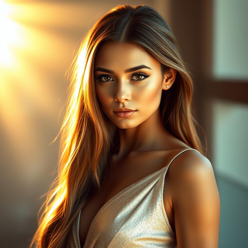 A stunning portrait of a young woman who embodies grace and confidence, with long flowing hair cascading down her shoulders, dressed in an elegant, shimmering gown that catches the light beautifully