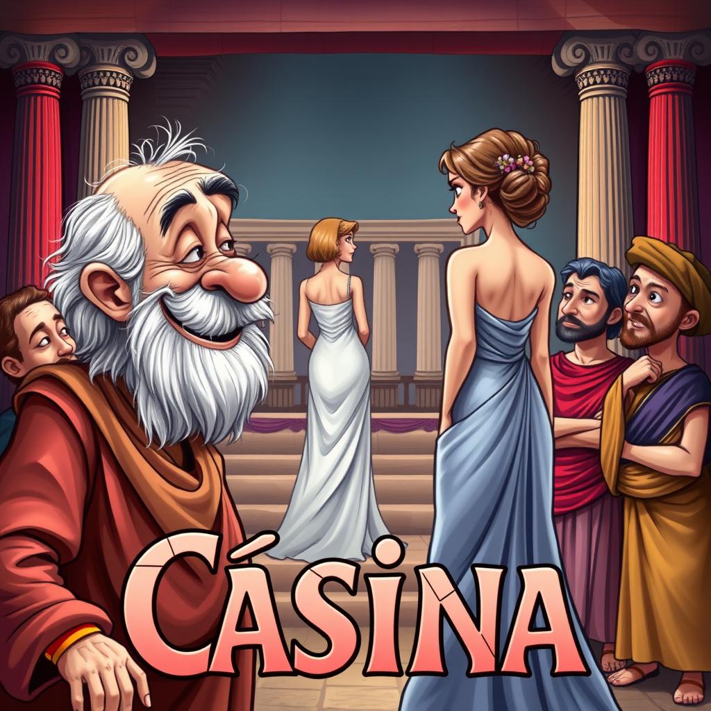 A colorful caricature poster for a Greek-Latin theater comedy titled 'Cásina'