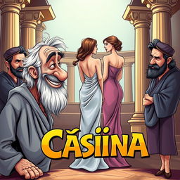 A colorful caricature poster for a Greek-Latin theater comedy titled 'Cásina'