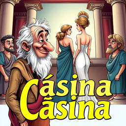 A colorful caricature poster for a Greek-Latin theater comedy titled 'Cásina'