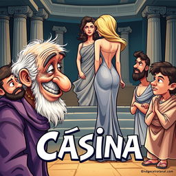 A colorful caricature poster for a Greek-Latin theater comedy titled 'Cásina'