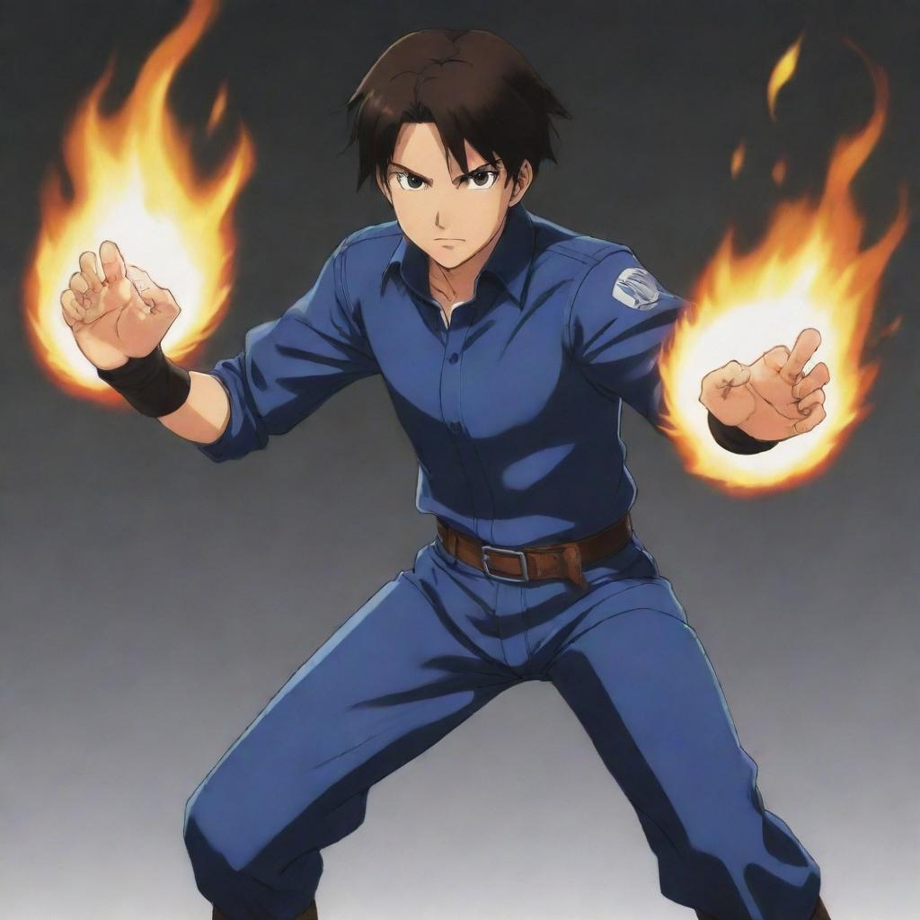 A 17-year-old boy with dark hair, brown eyes, wearing a fitted dark blue shirt with leather details on his arms and knees as a training outfit, displaying his fire powers, all in an anime style.