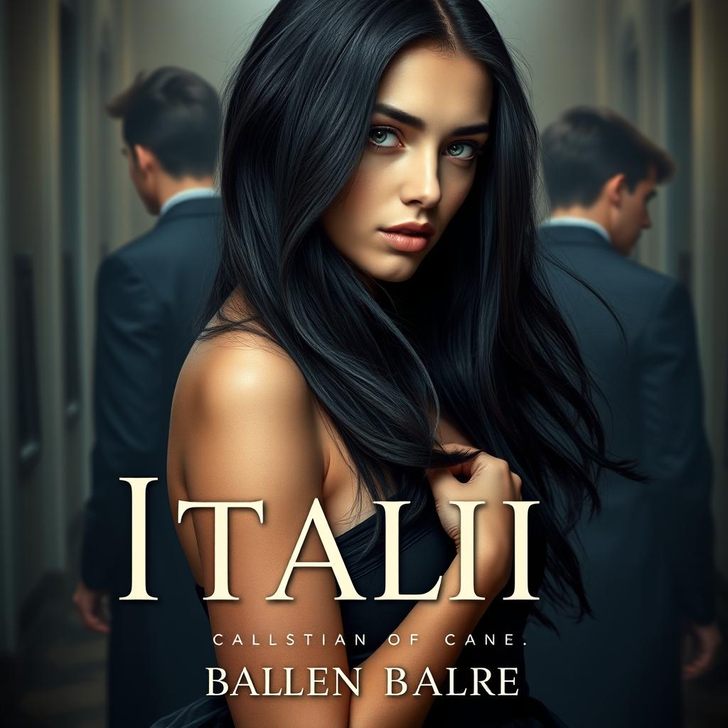 A captivating book cover featuring an Italian woman with long black hair, striking green eyes, and fair skin