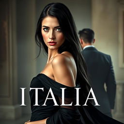 A captivating book cover featuring an Italian woman with long black hair, striking green eyes, and fair skin