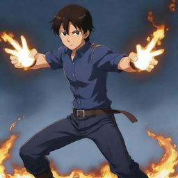 A 17-year-old boy with dark hair, brown eyes, wearing a fitted dark blue shirt with leather details on his arms and knees as a training outfit, displaying his fire powers, all in an anime style.