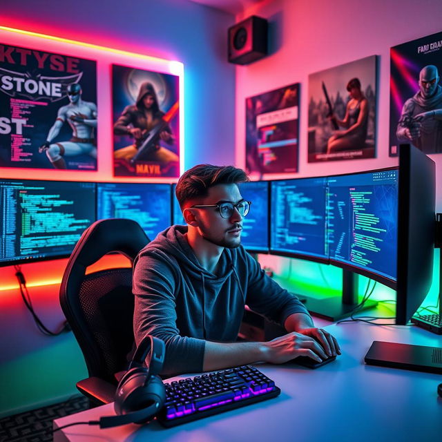 A focused male programmer and gamer sitting in his modern setup, surrounded by three high-resolution displays showing coding and gaming graphics