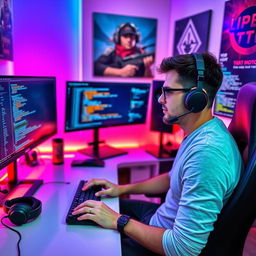 A focused male programmer and gamer sitting in his modern setup, surrounded by three high-resolution displays showing coding and gaming graphics