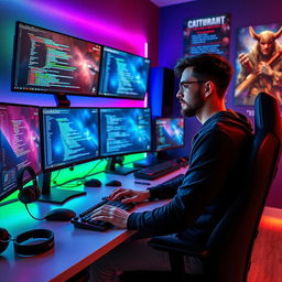 A focused male programmer and gamer sitting in his modern setup, surrounded by three high-resolution displays showing coding and gaming graphics