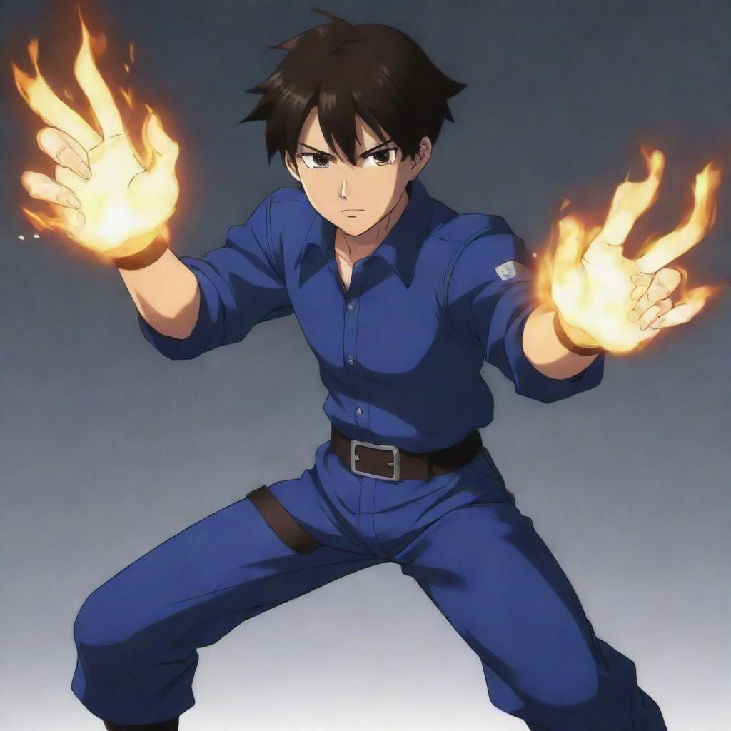 A 17-year-old boy with dark hair, brown eyes, wearing a fitted dark blue shirt with leather details on his arms and knees as a training outfit, displaying his fire powers, all in an anime style.