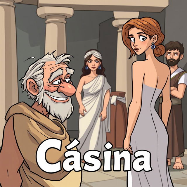 A Greek comedy poster in cartoon style set in ancient Greece