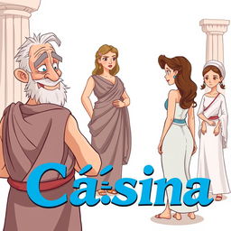 A Greek comedy poster in cartoon style set in ancient Greece