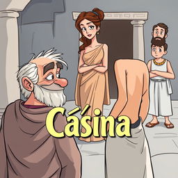 A Greek comedy poster in cartoon style set in ancient Greece