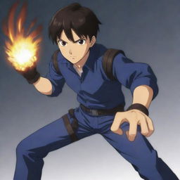 A 17-year-old boy with dark hair, brown eyes, wearing a fitted dark blue shirt with leather details on his arms and knees as a training outfit, displaying his fire powers, all in an anime style.