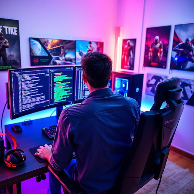 A focused male programmer and gamer sitting at his modern setup with his back facing the viewer, showcasing three high-resolution displays showing coding and gaming graphics