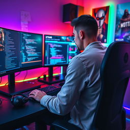 A focused male programmer and gamer sitting at his modern setup with his back facing the viewer, showcasing three high-resolution displays showing coding and gaming graphics