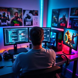 A focused male programmer and gamer sitting at his modern setup with his back facing the viewer, showcasing three high-resolution displays showing coding and gaming graphics