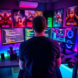 A focused male programmer and gamer sitting at his modern setup with his back facing the viewer, showcasing three high-resolution displays showing coding and gaming graphics