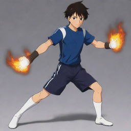 A 17-year-old anime-style boy with dark hair and brown eyes, wearing a simple, snug dark blue t-shirt, leather details from elbow to hands like gloves, and from knees to feet like boots, paired with white shorts as a training suit, showcasing his fire powers.