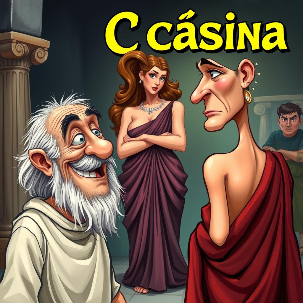 A vibrant and humorous caricature poster depicting a scene from a Greco-Roman comedy