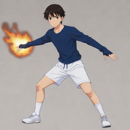 A 17-year-old anime-style boy with dark hair and brown eyes, wearing a simple, snug dark blue t-shirt, leather details from elbow to hands like gloves, and from knees to feet like boots, paired with white shorts as a training suit, showcasing his fire powers.