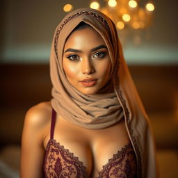 A stunning 25-year-old woman wearing a beautiful hijab and sexy lingerie