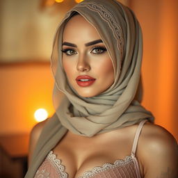 A stunning 25-year-old woman wearing a beautiful hijab and sexy lingerie