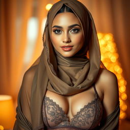 A stunning 25-year-old woman wearing a beautiful hijab and sexy lingerie