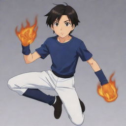 A 17-year-old anime-style boy with dark hair and brown eyes, wearing a simple, snug dark blue t-shirt, leather details from elbow to hands like gloves, and from knees to feet like boots, paired with white shorts as a training suit, showcasing his fire powers.