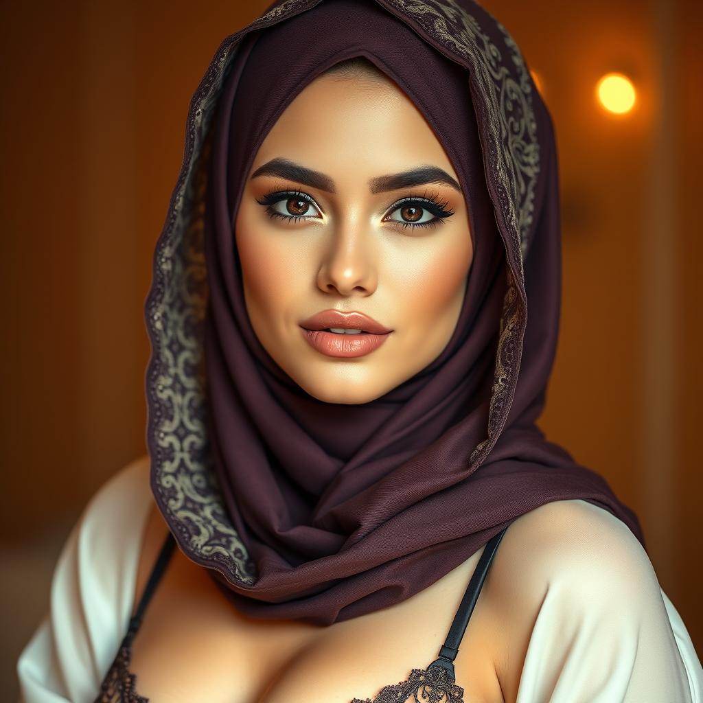 A stunning 25-year-old woman wearing a beautiful hijab and sexy lingerie