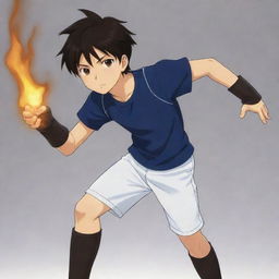 A 17-year-old anime-style boy with dark hair and brown eyes, wearing a simple, snug dark blue t-shirt, leather details from elbow to hands like gloves, and from knees to feet like boots, paired with white shorts as a training suit, showcasing his fire powers.