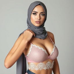 A beautiful 25-year-old woman wearing a stunning hijab that complements her sexy lingerie