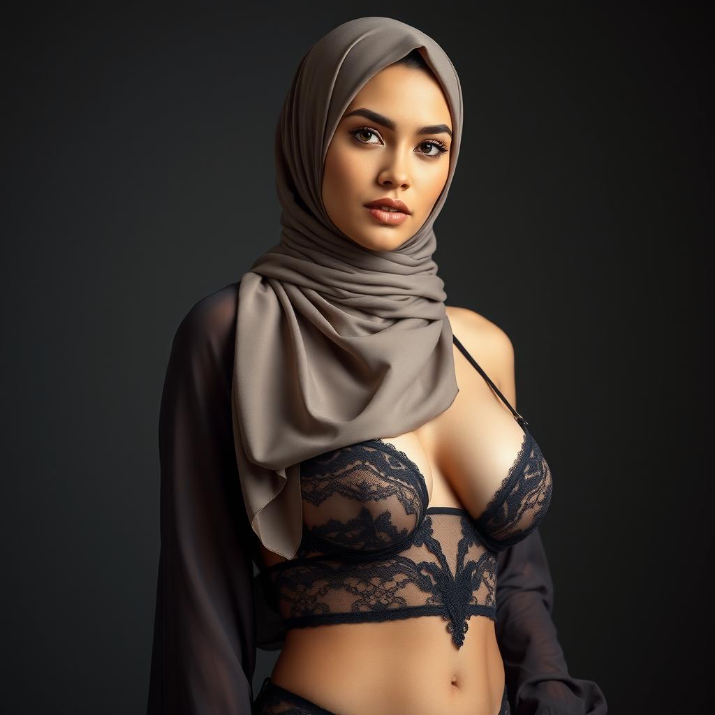 A beautiful 25-year-old woman wearing a stunning hijab that complements her sexy lingerie