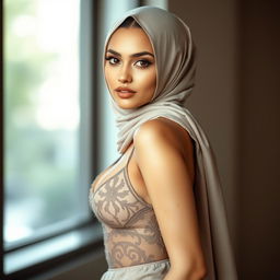 A beautiful 25-year-old woman wearing a stunning hijab that complements her sexy lingerie