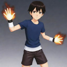 A 17-year-old boy in an anime style, with dark hair and brown eyes, in a fitted dark blue t-shirt with details, leather gloves, and knee-pads, complemented with white shorts as a training outfit, confidently showing his fire powers.